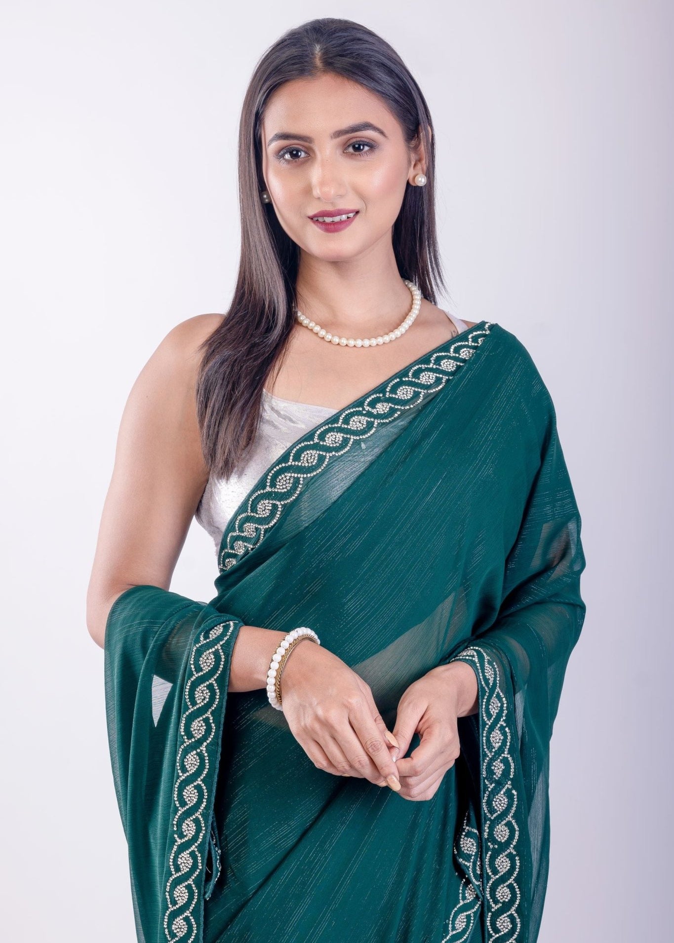 Dark Green Jimmy Choo Saree with Stone Embroidered Border - Anvi Couture