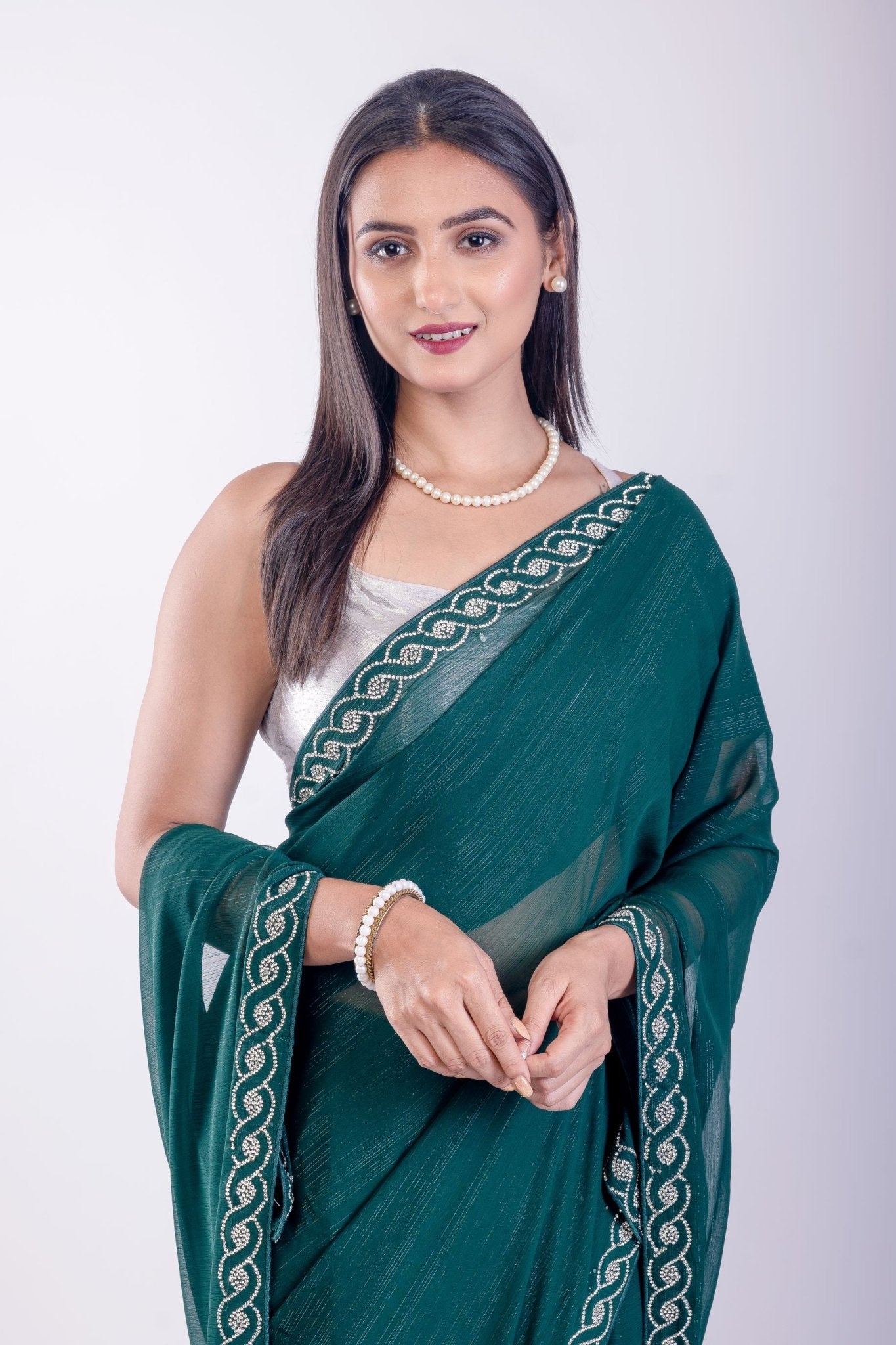 Dark Green Jimmy Choo Saree with Stone Embroidered Border - Anvi Couture