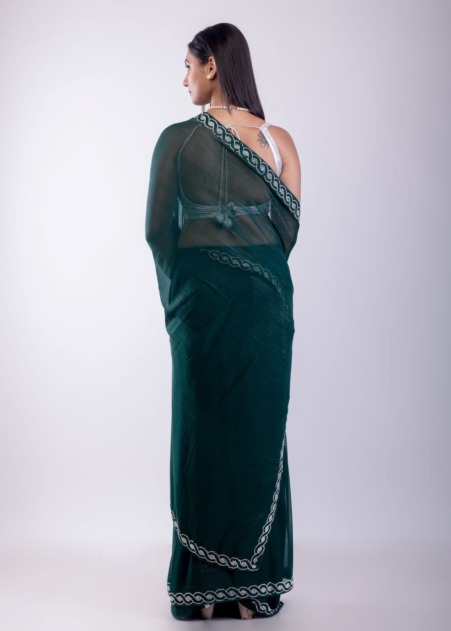 Dark Green Jimmy Choo Saree with Stone Embroidered Border - Anvi Couture