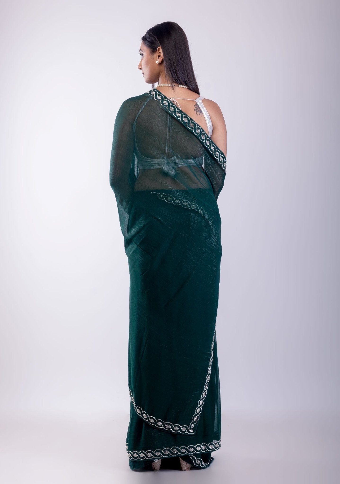 Dark Green Jimmy Choo Saree with Stone Embroidered Border - Anvi Couture