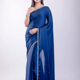 Blue Crepe Silk Saree with Embroidered Border - Anvi Couture