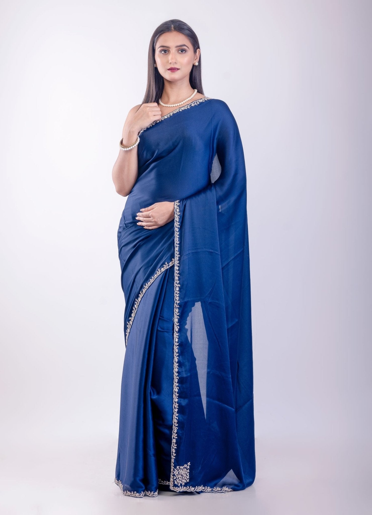 Blue Crepe Silk Saree with Embroidered Border - Anvi Couture