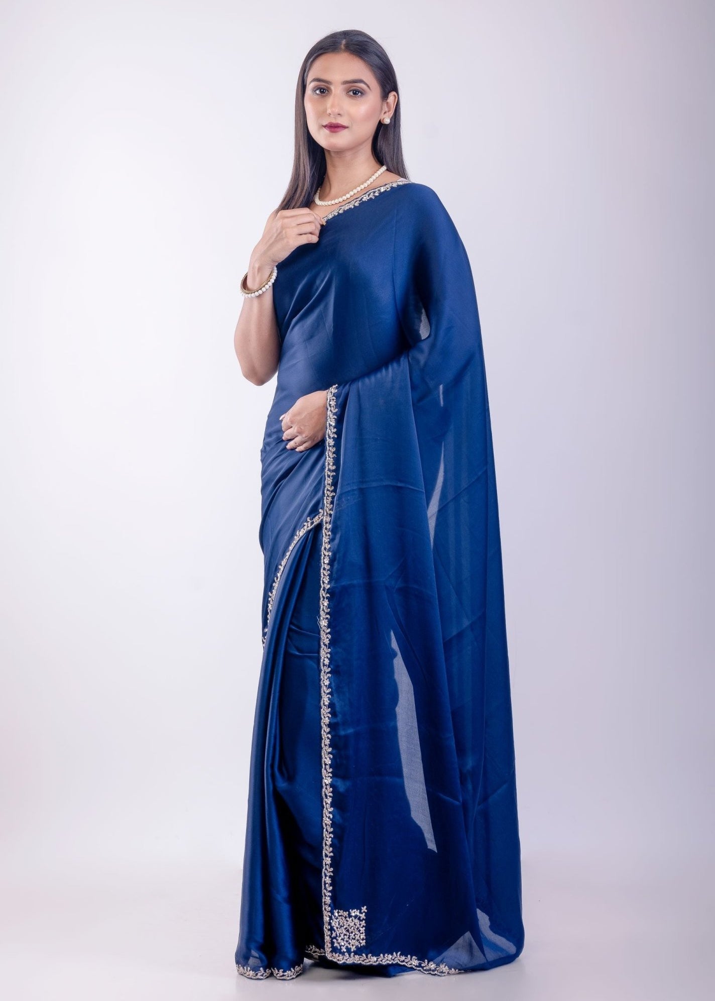 Blue Crepe Silk Saree with Embroidered Border - Anvi Couture