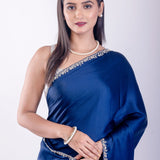Blue Crepe Silk Saree with Embroidered Border - Anvi Couture