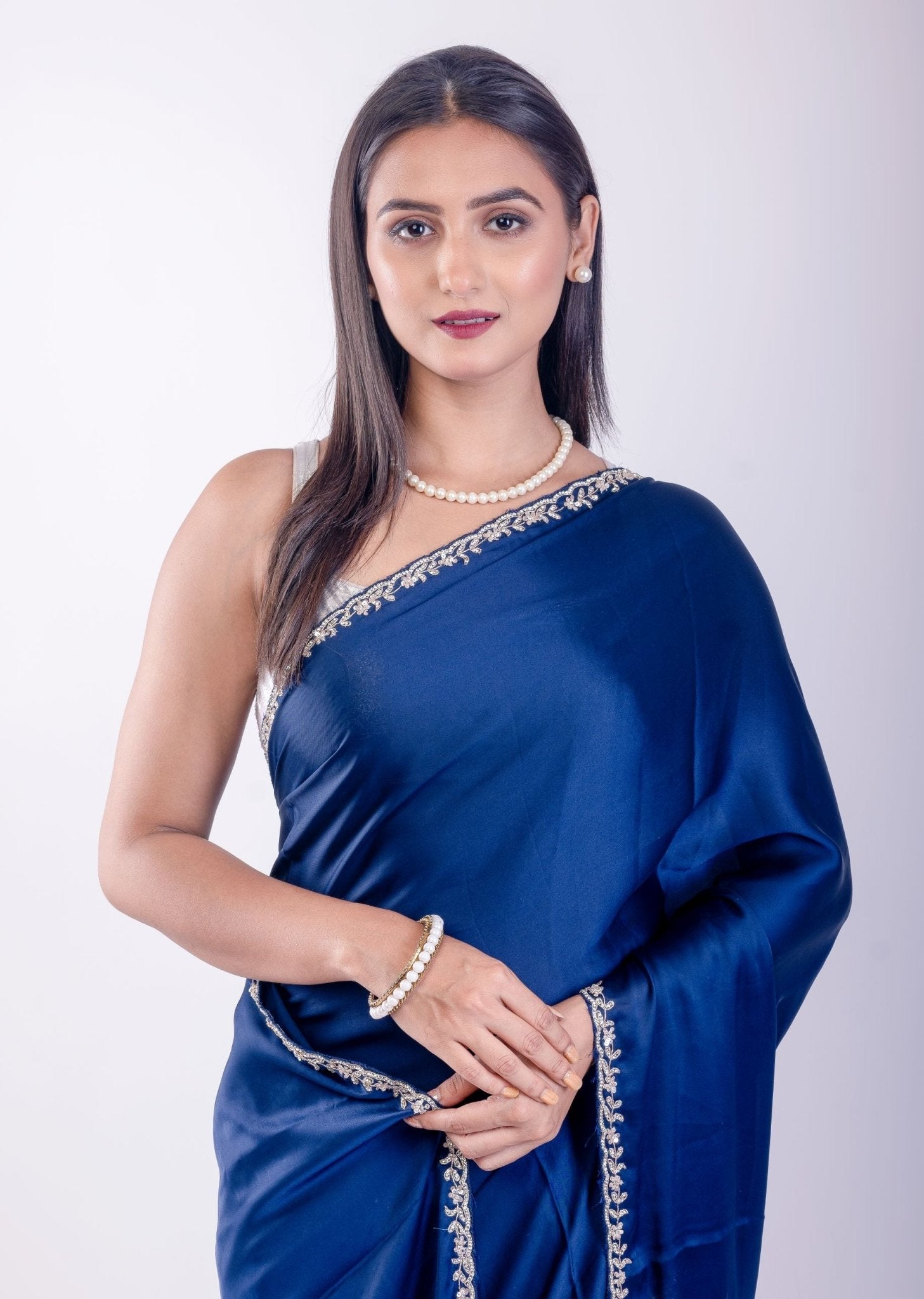 Blue Crepe Silk Saree with Embroidered Border - Anvi Couture