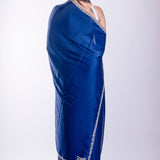 Blue Crepe Silk Saree with Embroidered Border - Anvi Couture