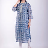 Blue Printed Silk Straight Kurta - Anvi Couture