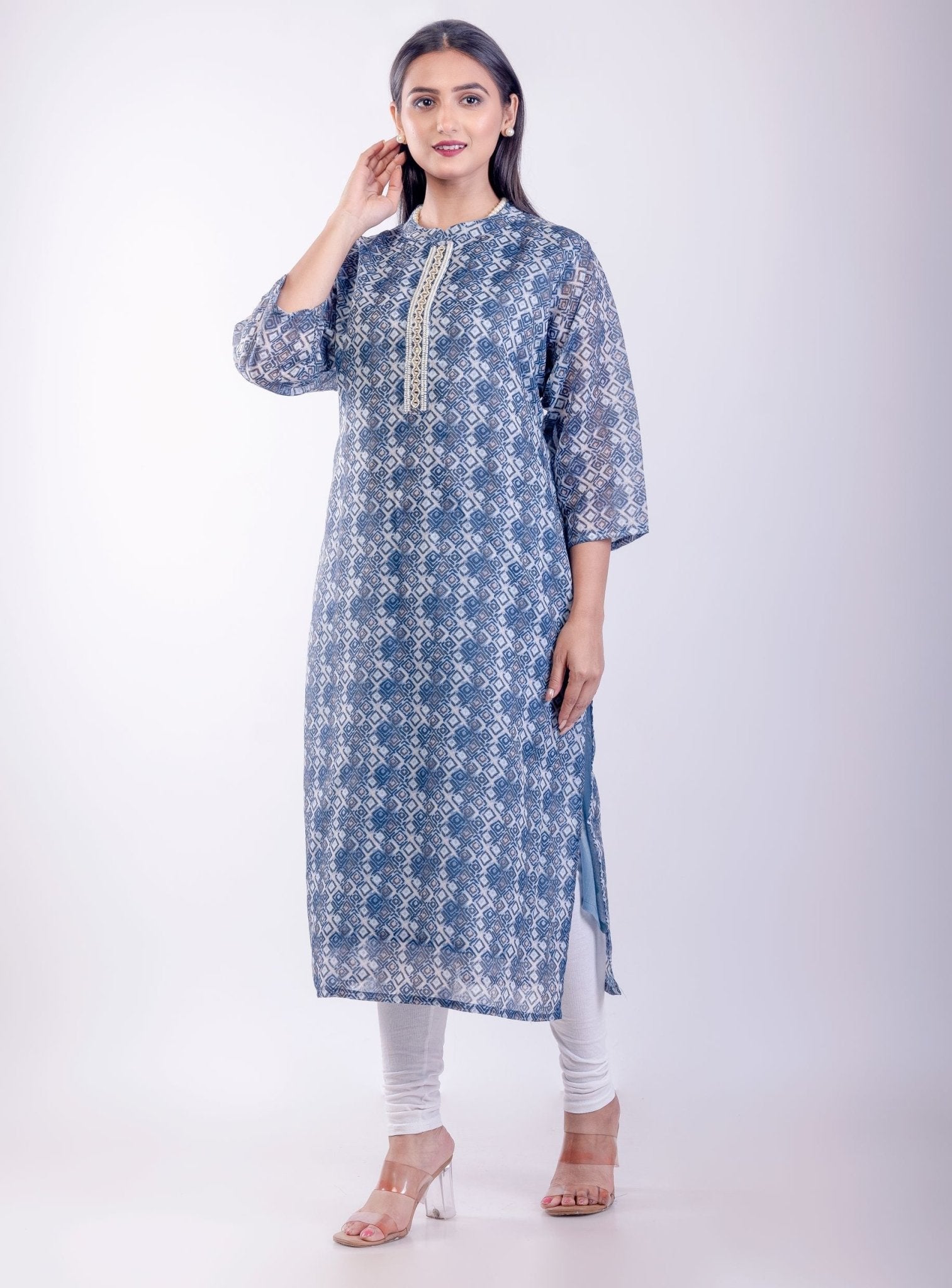 Blue Printed Silk Straight Kurta - Anvi Couture