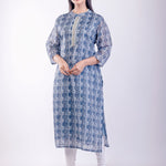 Blue Printed Silk Straight Kurta - Anvi Couture