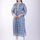 Blue Printed Silk Straight Kurta - Anvi Couture