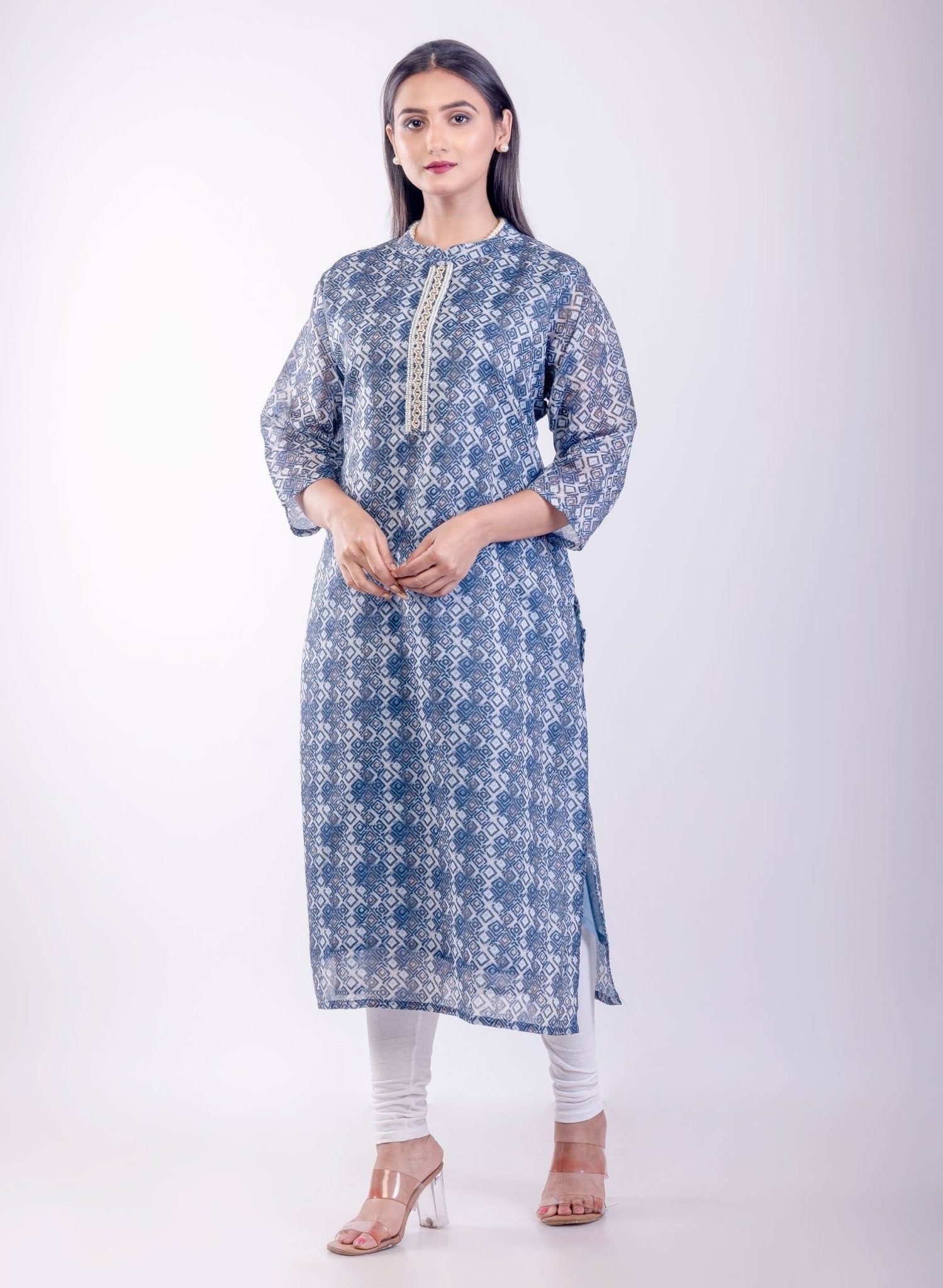 Blue Printed Silk Straight Kurta - Anvi Couture