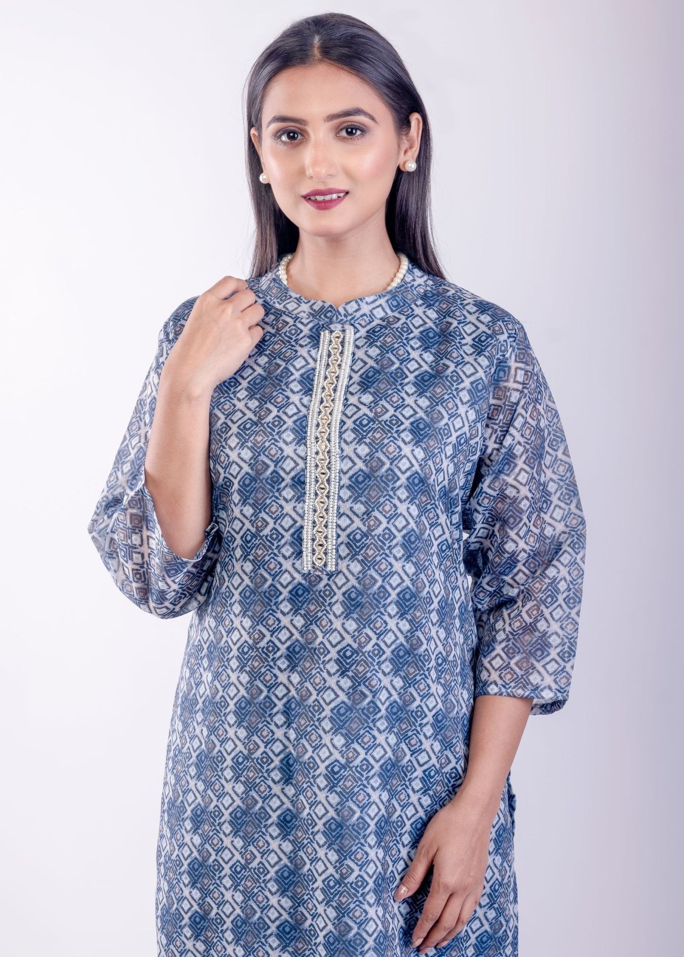 Blue Printed Silk Straight Kurta - Anvi Couture