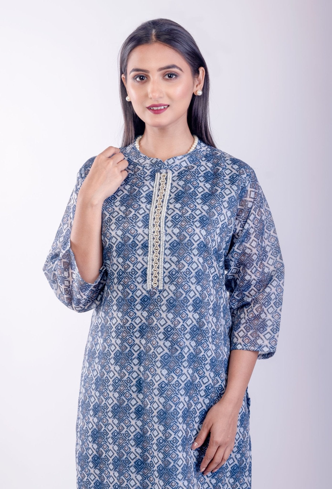 Blue Printed Silk Straight Kurta - Anvi Couture