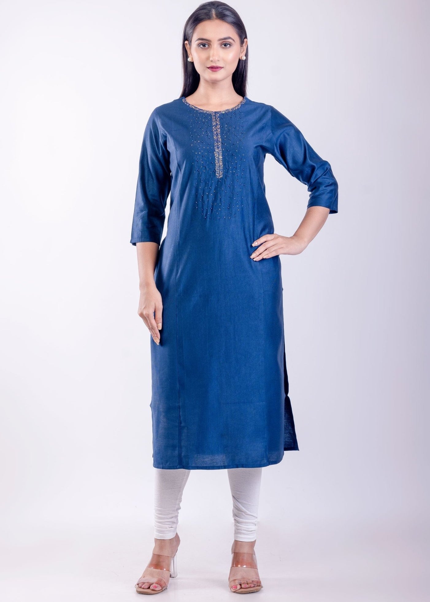 Blue Rayon Straight Embroidered Kurta - Anvi Couture