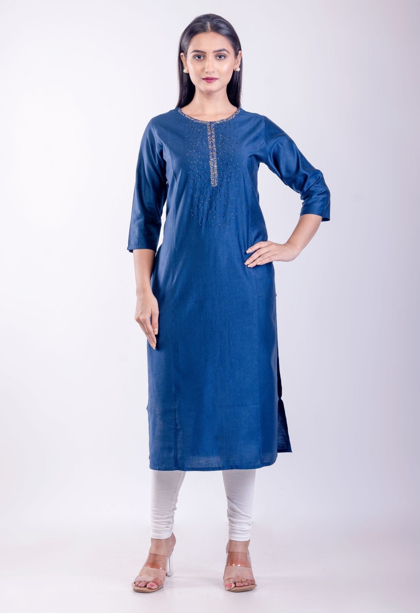 Blue Rayon Straight Embroidered Kurta - Anvi Couture