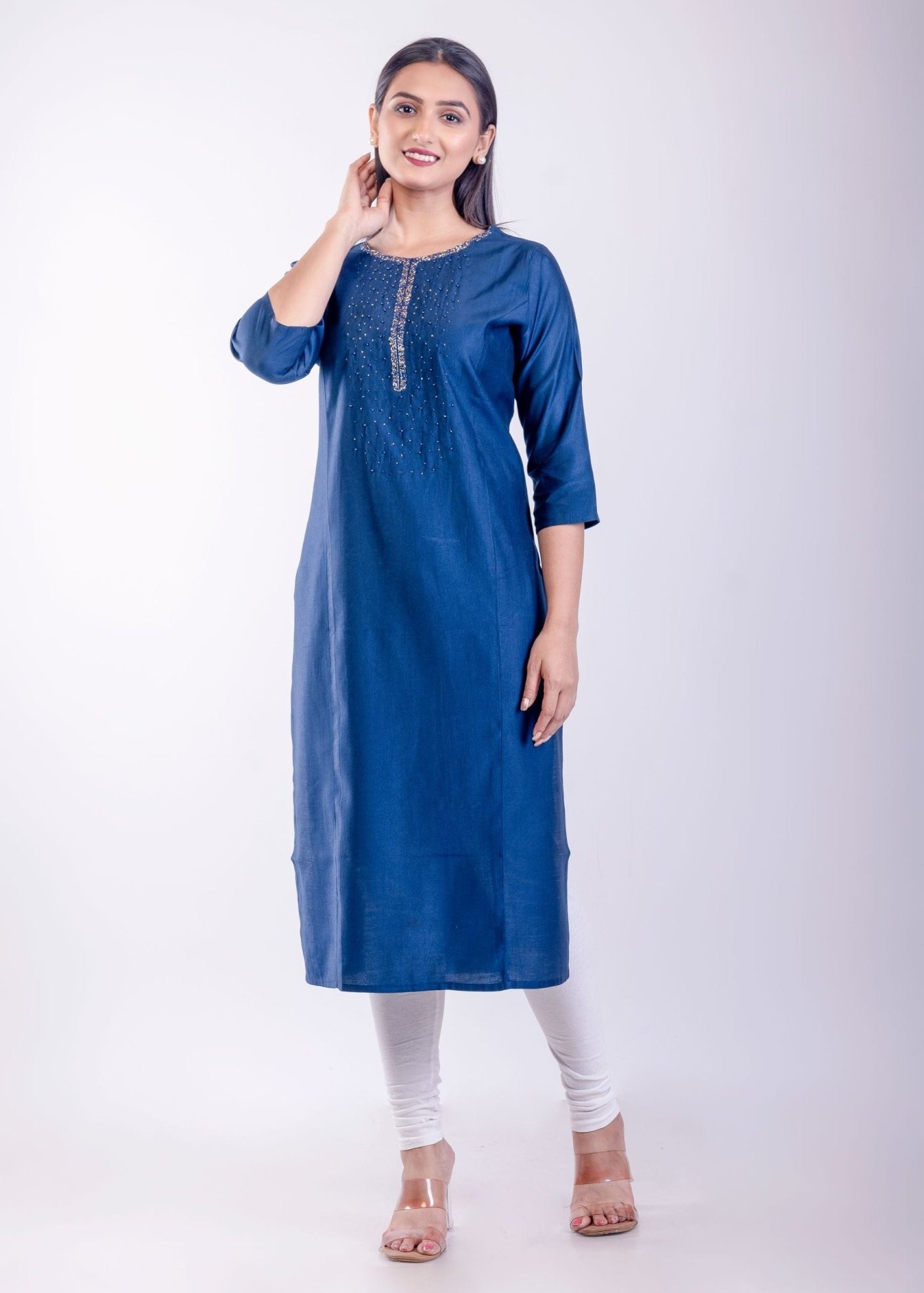 Blue Rayon Straight Embroidered Kurta - Anvi Couture