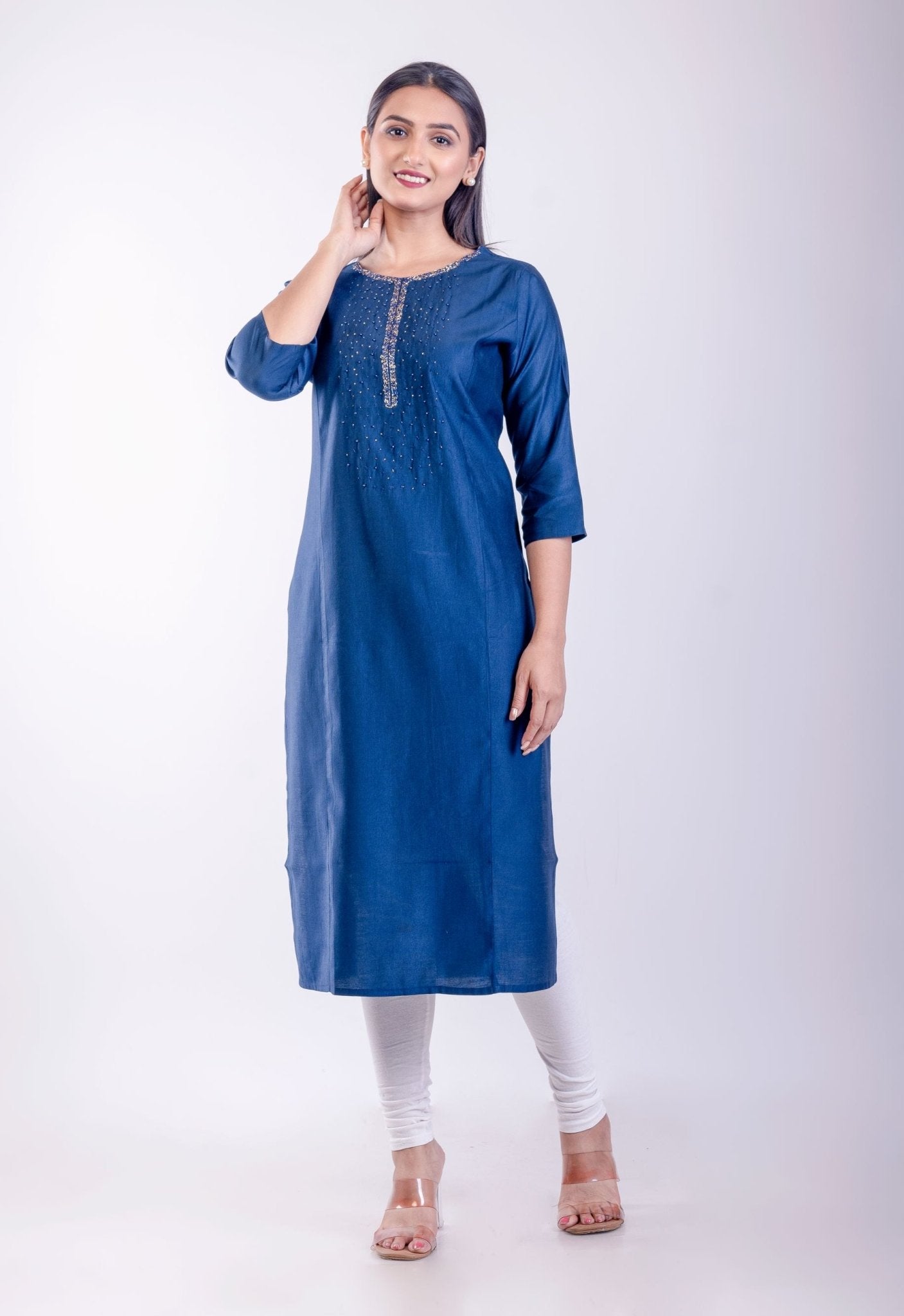 Blue Rayon Straight Embroidered Kurta - Anvi Couture