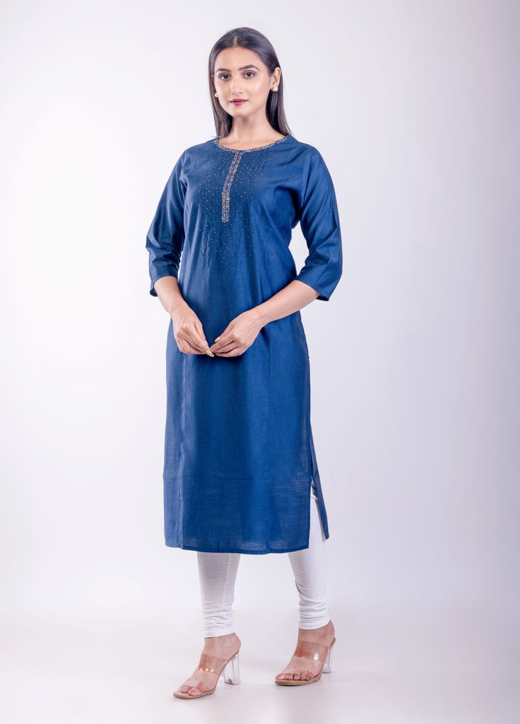 Blue Rayon Straight Embroidered Kurta