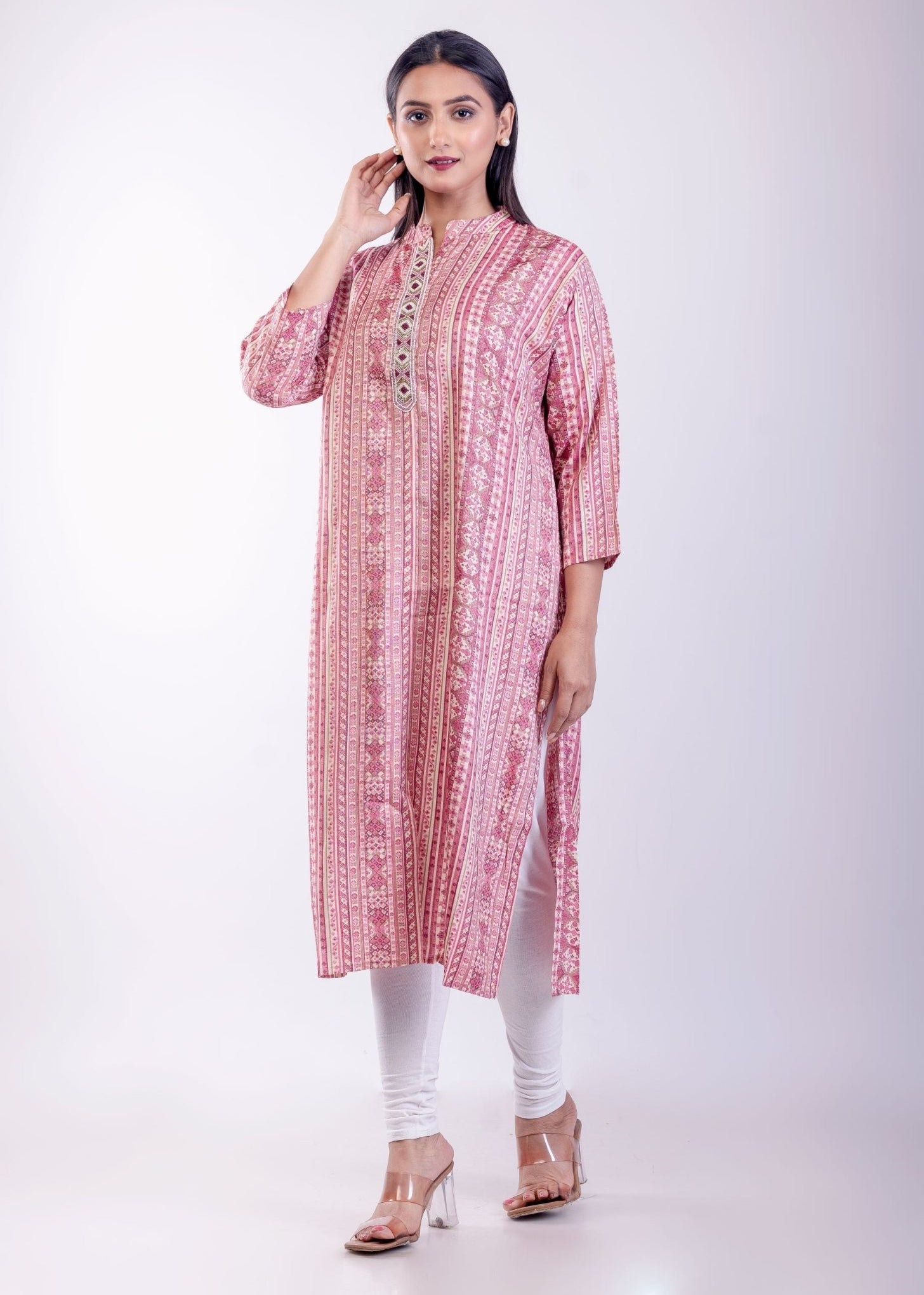 Pink A Line Kurta with Embroidered Work - Anvi Couture