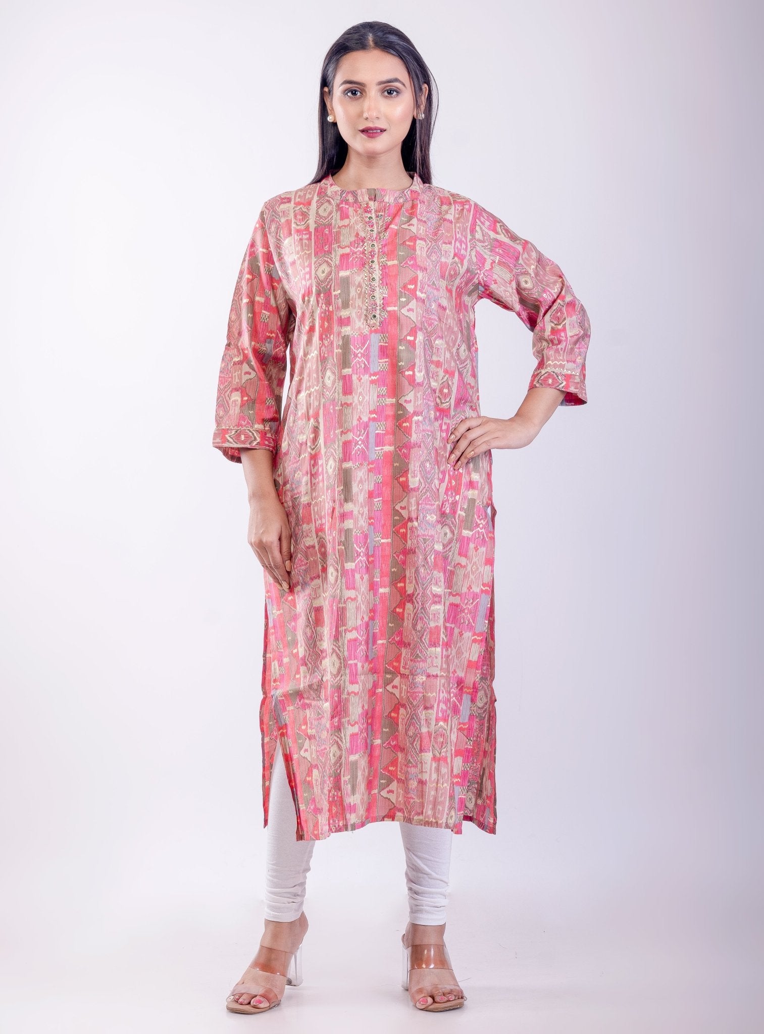 Pink Printed Cotton A - Line Kurta - Anvi Couture