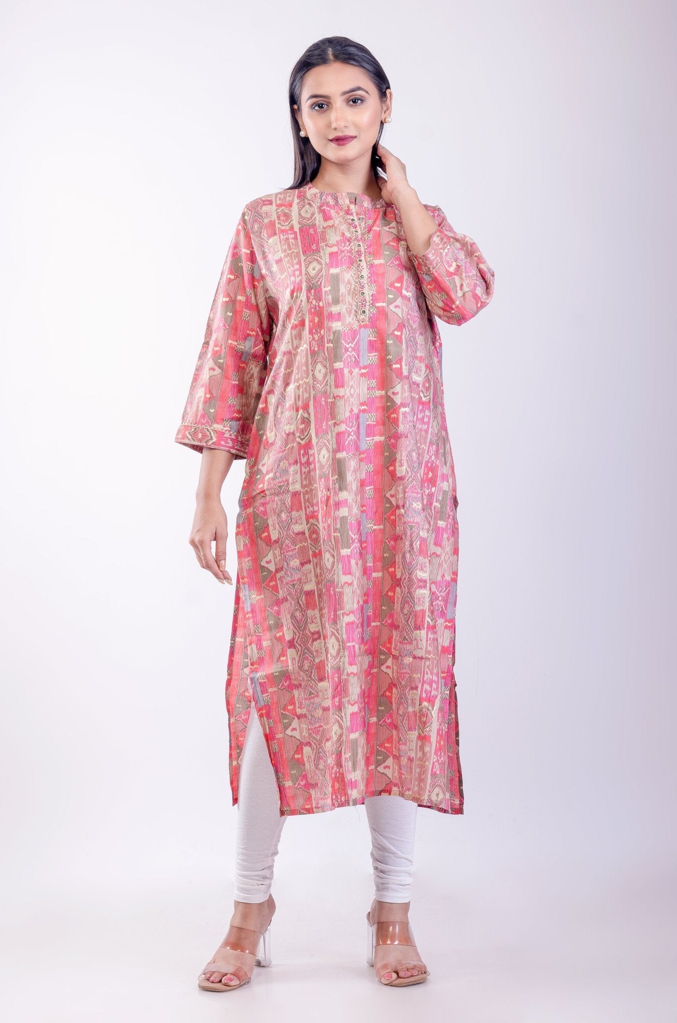 Pink Printed Cotton A - Line Kurta - Anvi Couture