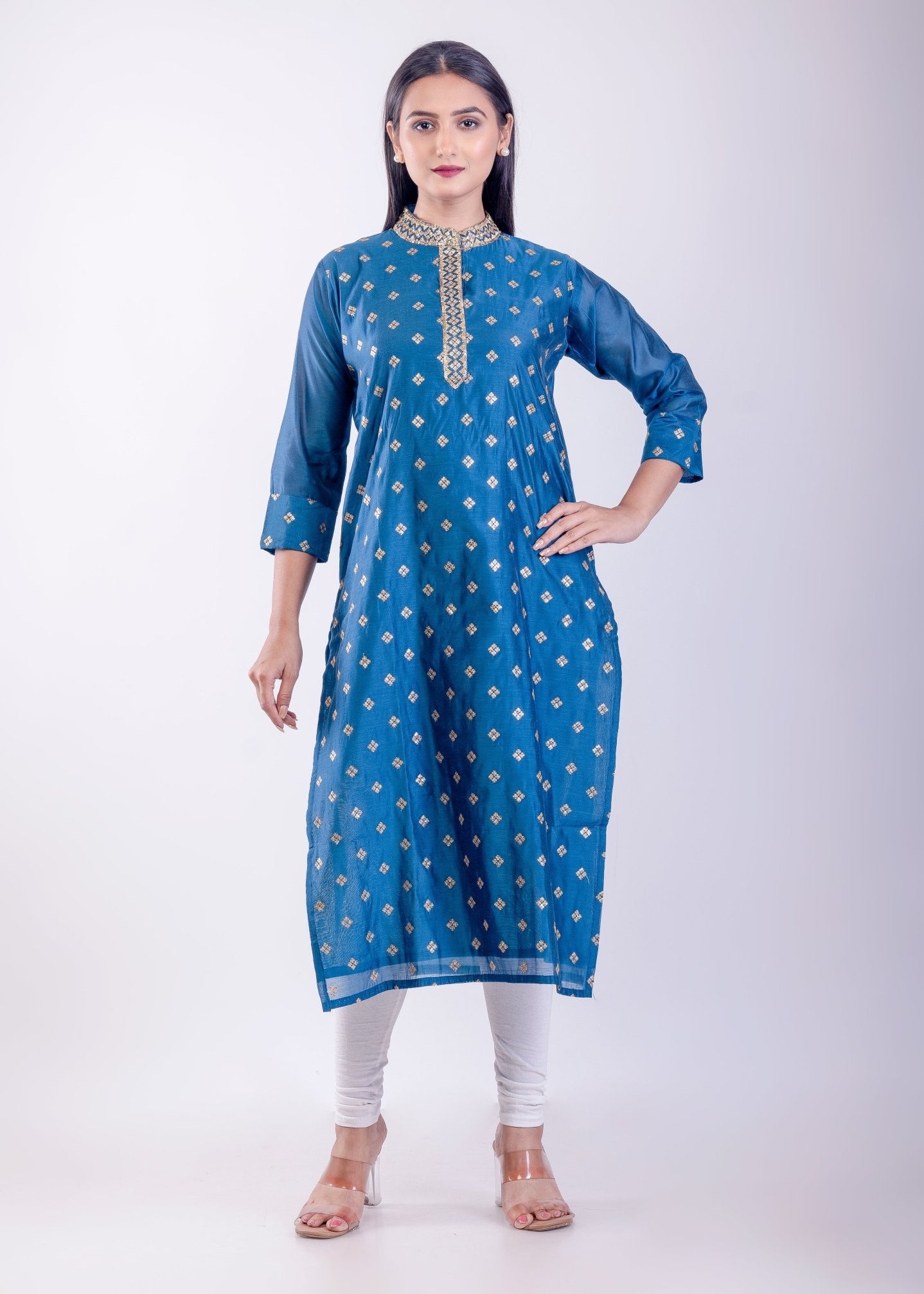 Blue Silk Straight Kurta Set with Embroidered Work - Anvi Couture