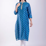 Blue Silk Straight Kurta Set with Embroidered Work - Anvi Couture