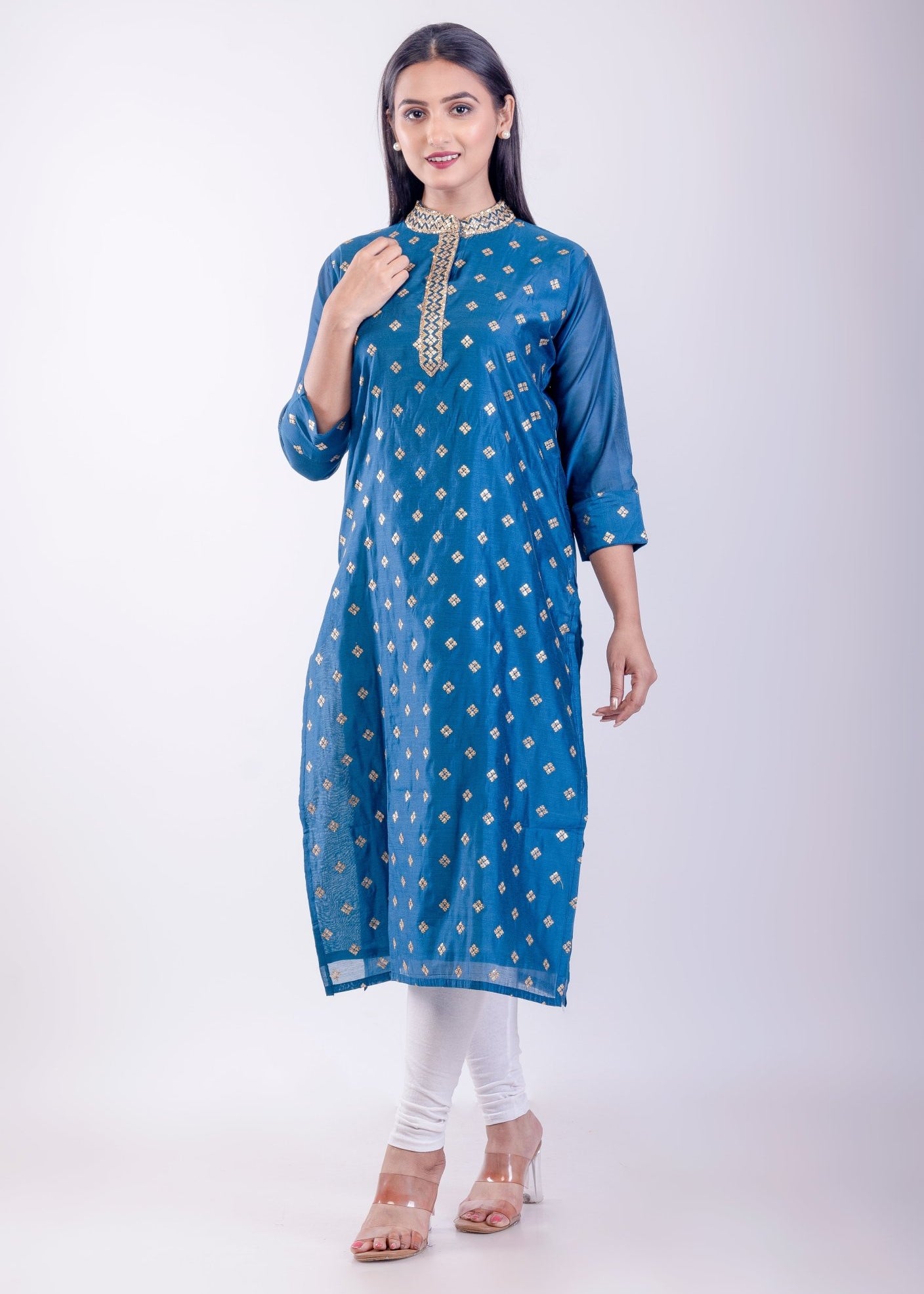 Blue Silk Straight Kurta Set with Embroidered Work - Anvi Couture