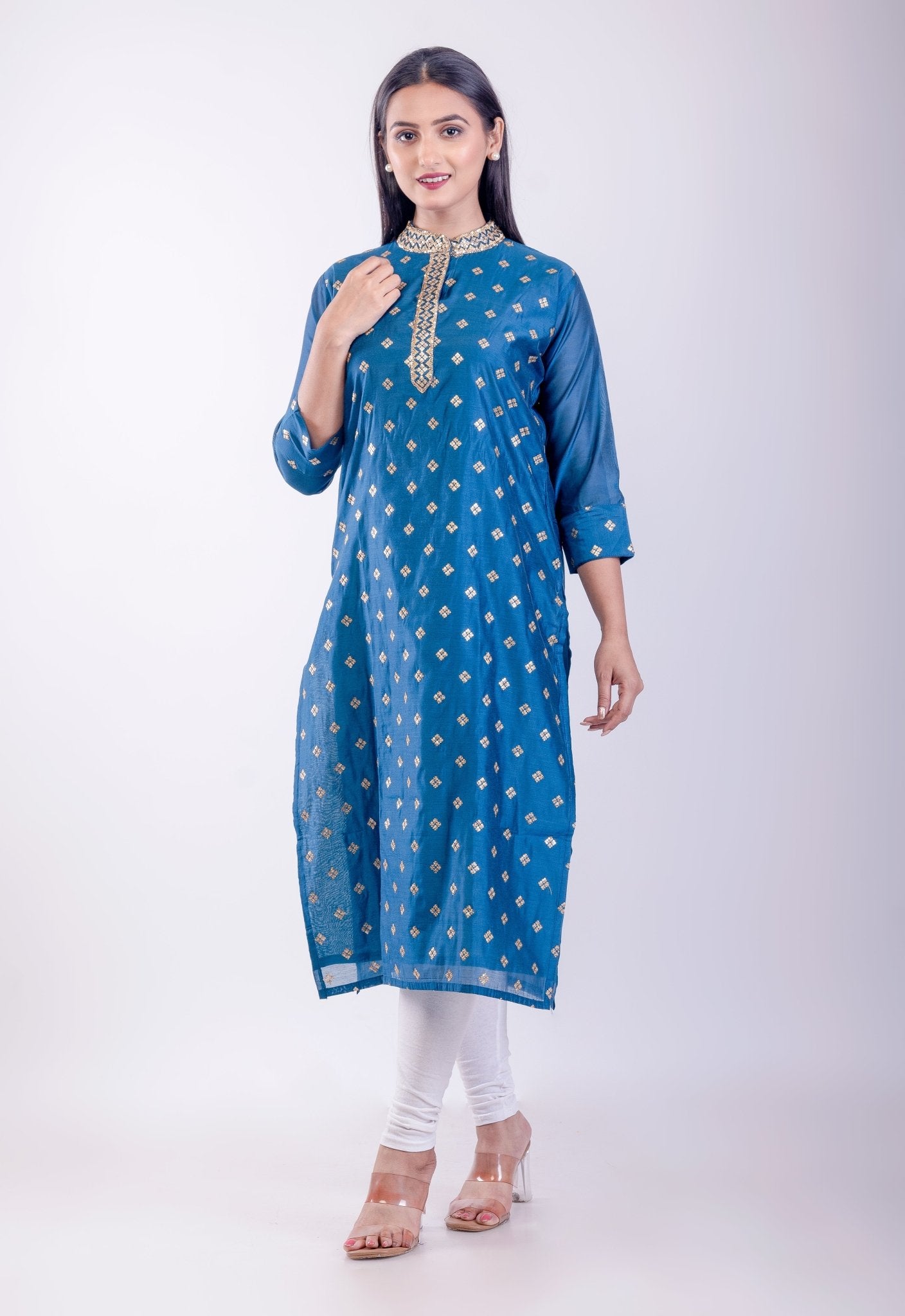Blue Silk Straight Kurta Set with Embroidered Work - Anvi Couture