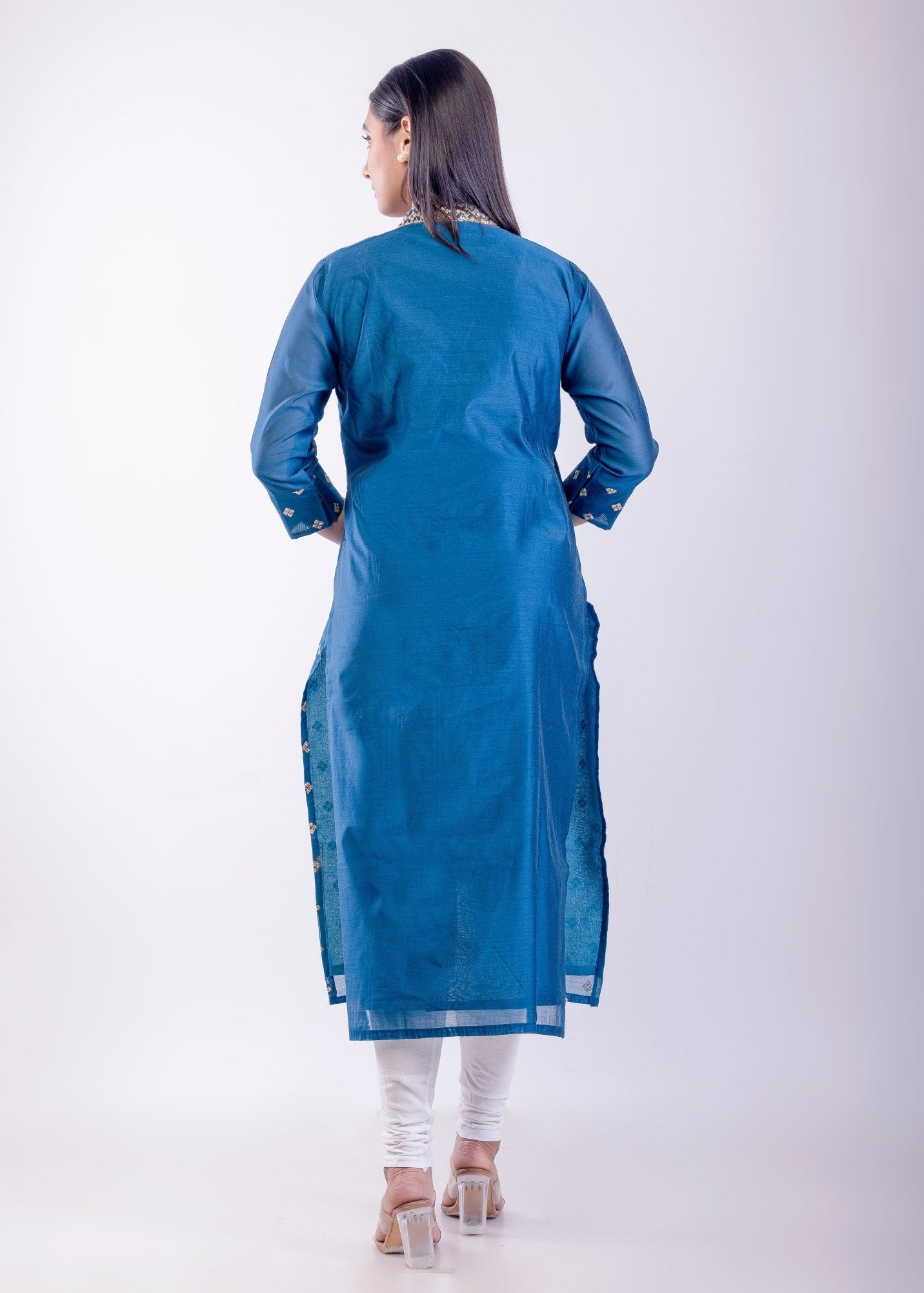 Blue Silk Straight Kurta Set with Embroidered Work - Anvi Couture