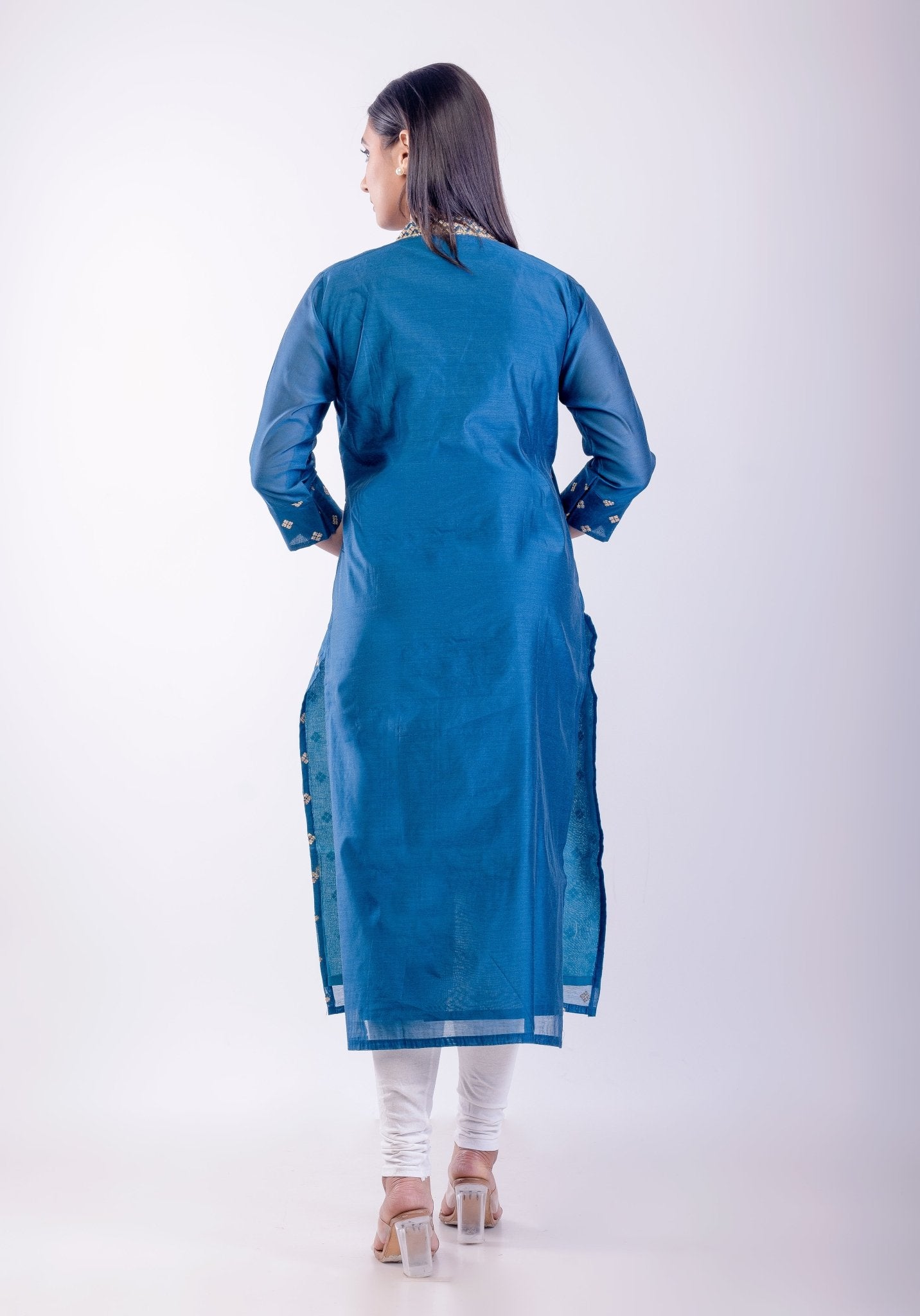 Blue Silk Straight Kurta Set with Embroidered Work - Anvi Couture