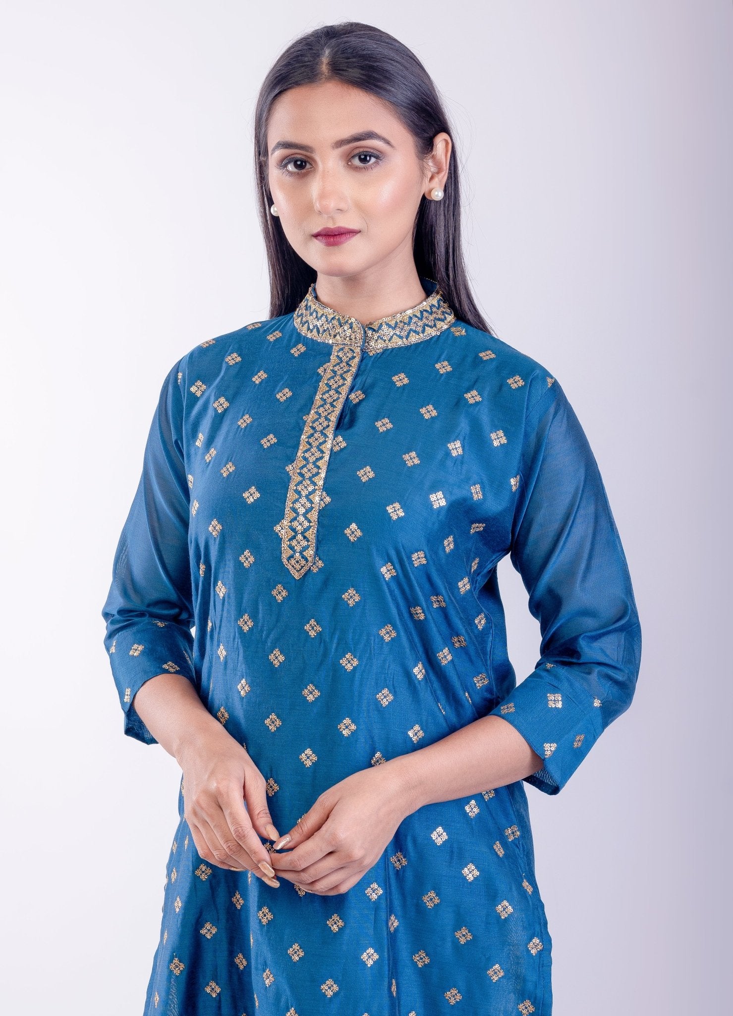 Blue Silk Straight Kurta Set with Embroidered Work - Anvi Couture