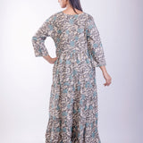 Gray & Blue Cotton Printed Anarkali Kurta with Embroidered Work - Anvi Couture