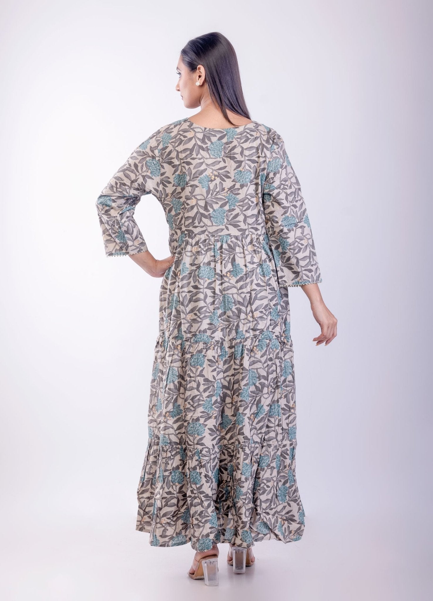 Gray & Blue Cotton Printed Anarkali Kurta with Embroidered Work - Anvi Couture
