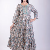 Gray & Blue Cotton Printed Anarkali Kurta with Embroidered Work - Anvi Couture