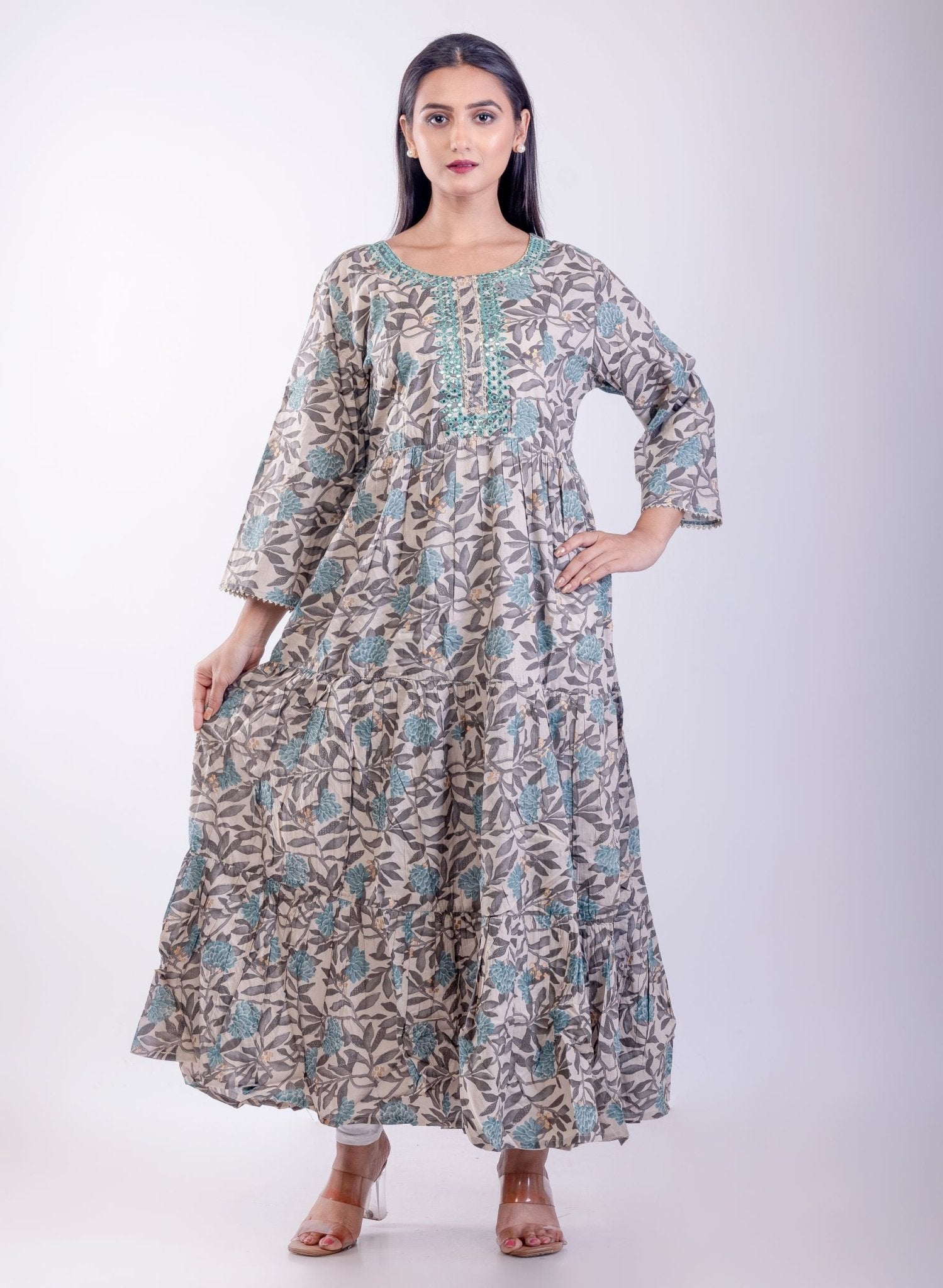 Gray & Blue Cotton Printed Anarkali Kurta with Embroidered Work - Anvi Couture