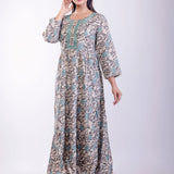 Gray & Blue Cotton Printed Anarkali Kurta with Embroidered Work - Anvi Couture