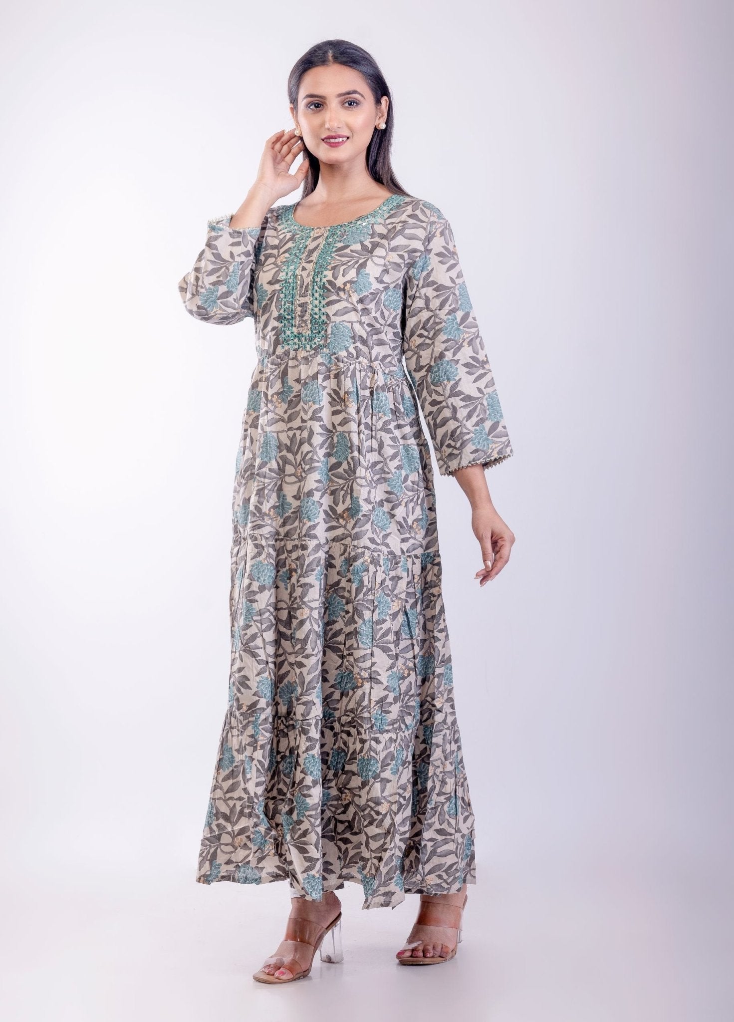Gray & Blue Cotton Printed Anarkali Kurta with Embroidered Work - Anvi Couture