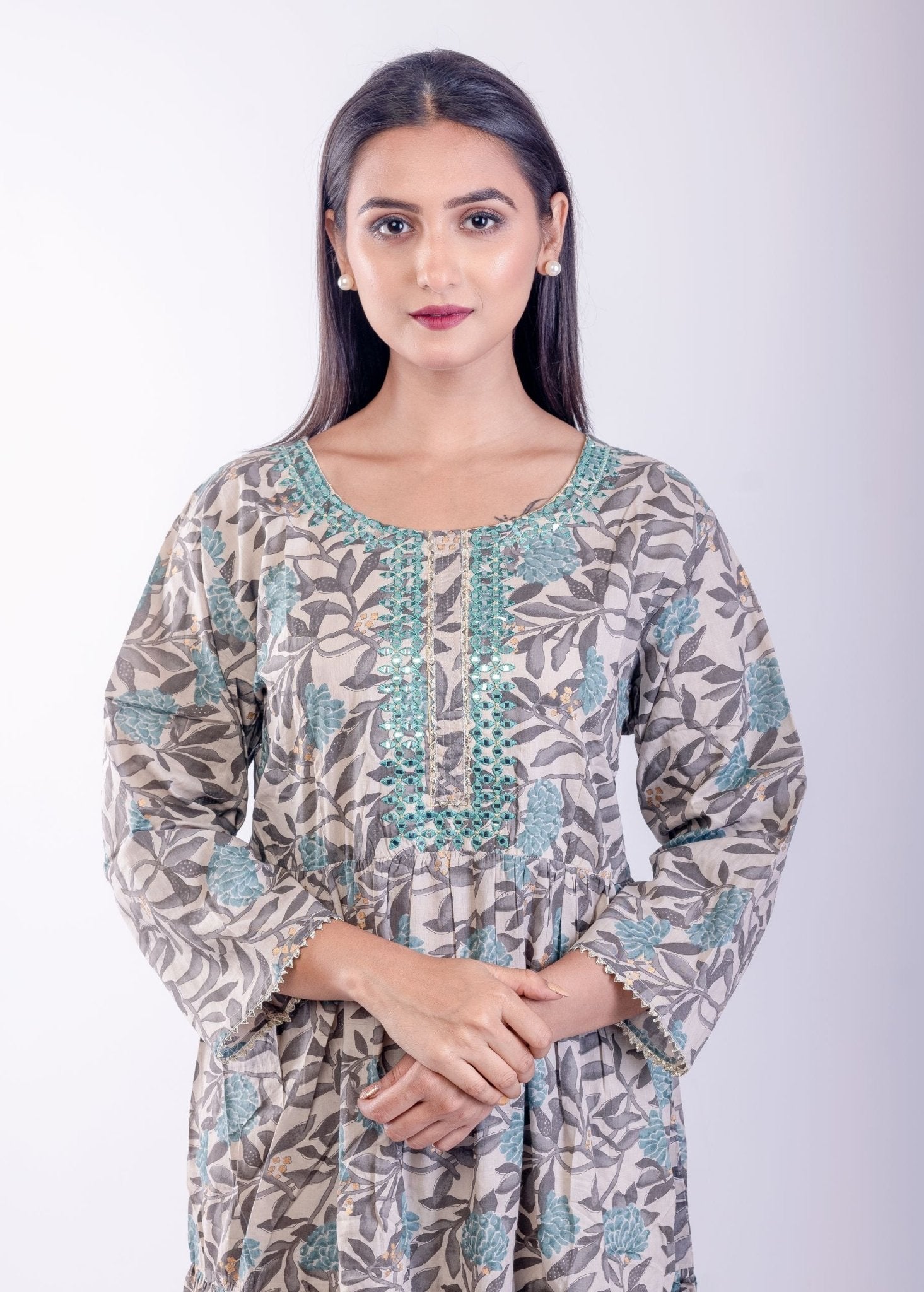 Gray & Blue Cotton Printed Anarkali Kurta with Embroidered Work - Anvi Couture