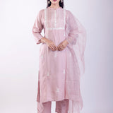 Pink Embroidered Regular Straight Kurta With Trousers & Dupatta - Anvi Couture