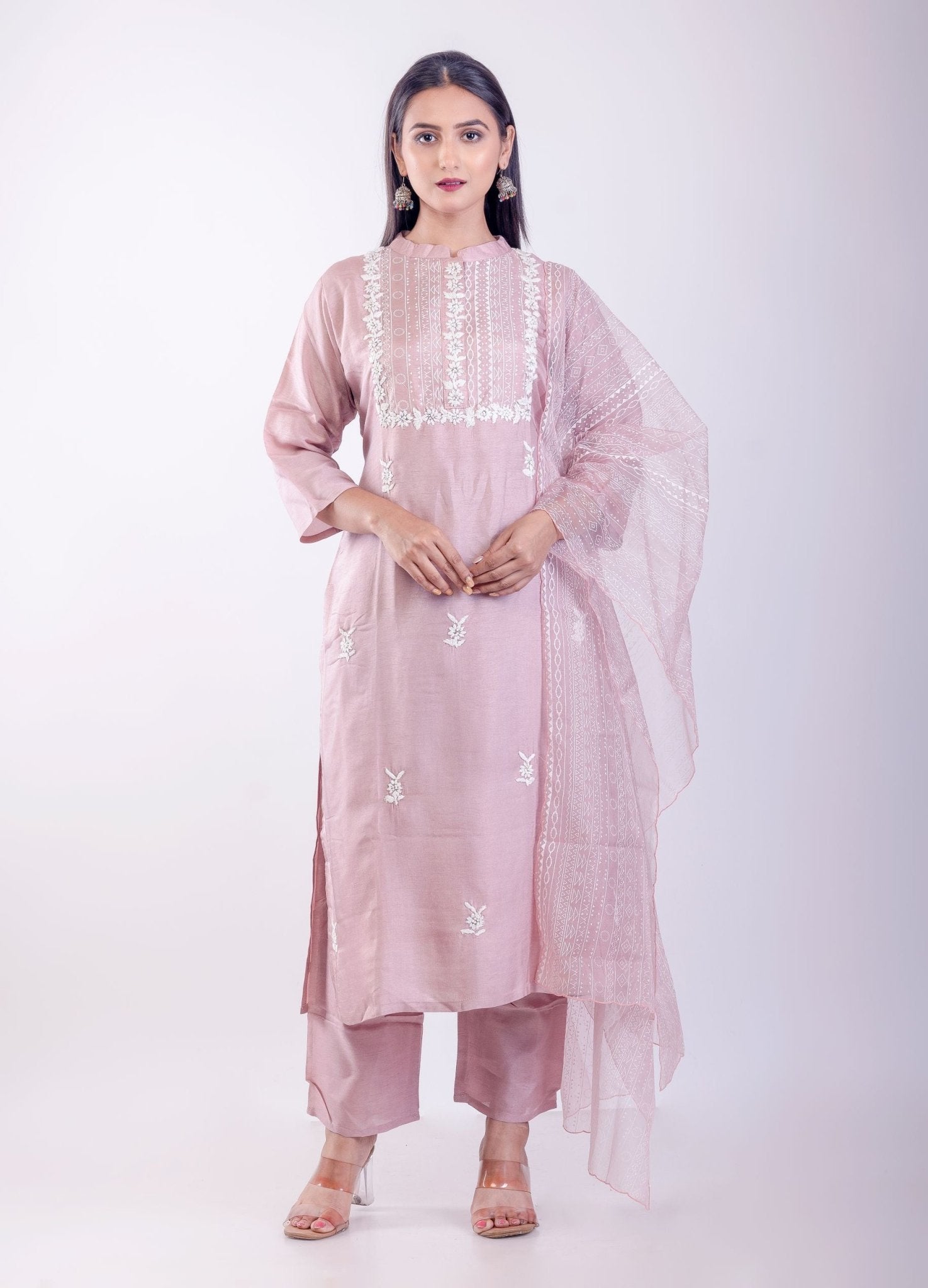 Pink Embroidered Regular Straight Kurta With Trousers & Dupatta - Anvi Couture