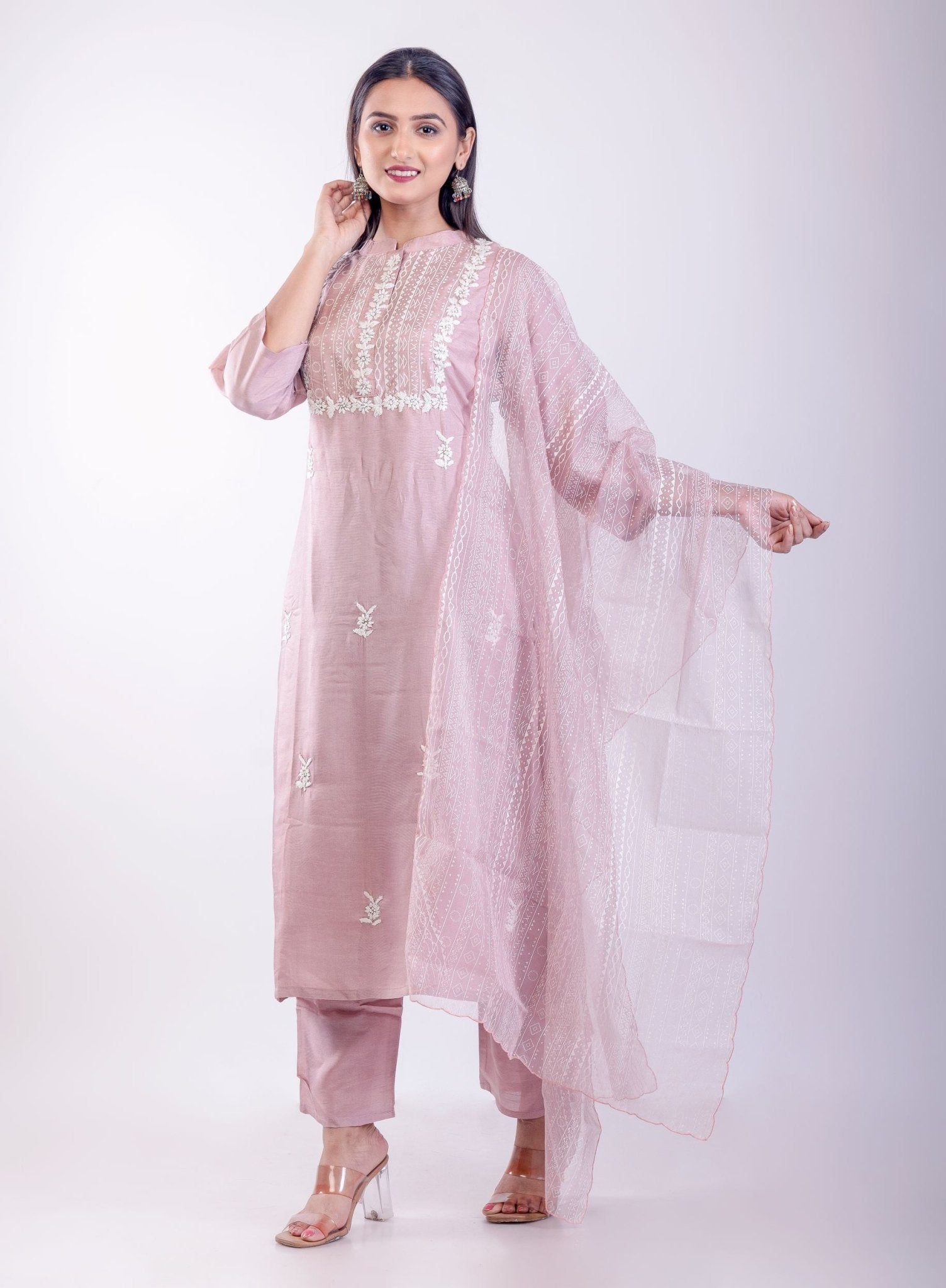 Pink Embroidered Regular Straight Kurta With Trousers & Dupatta - Anvi Couture