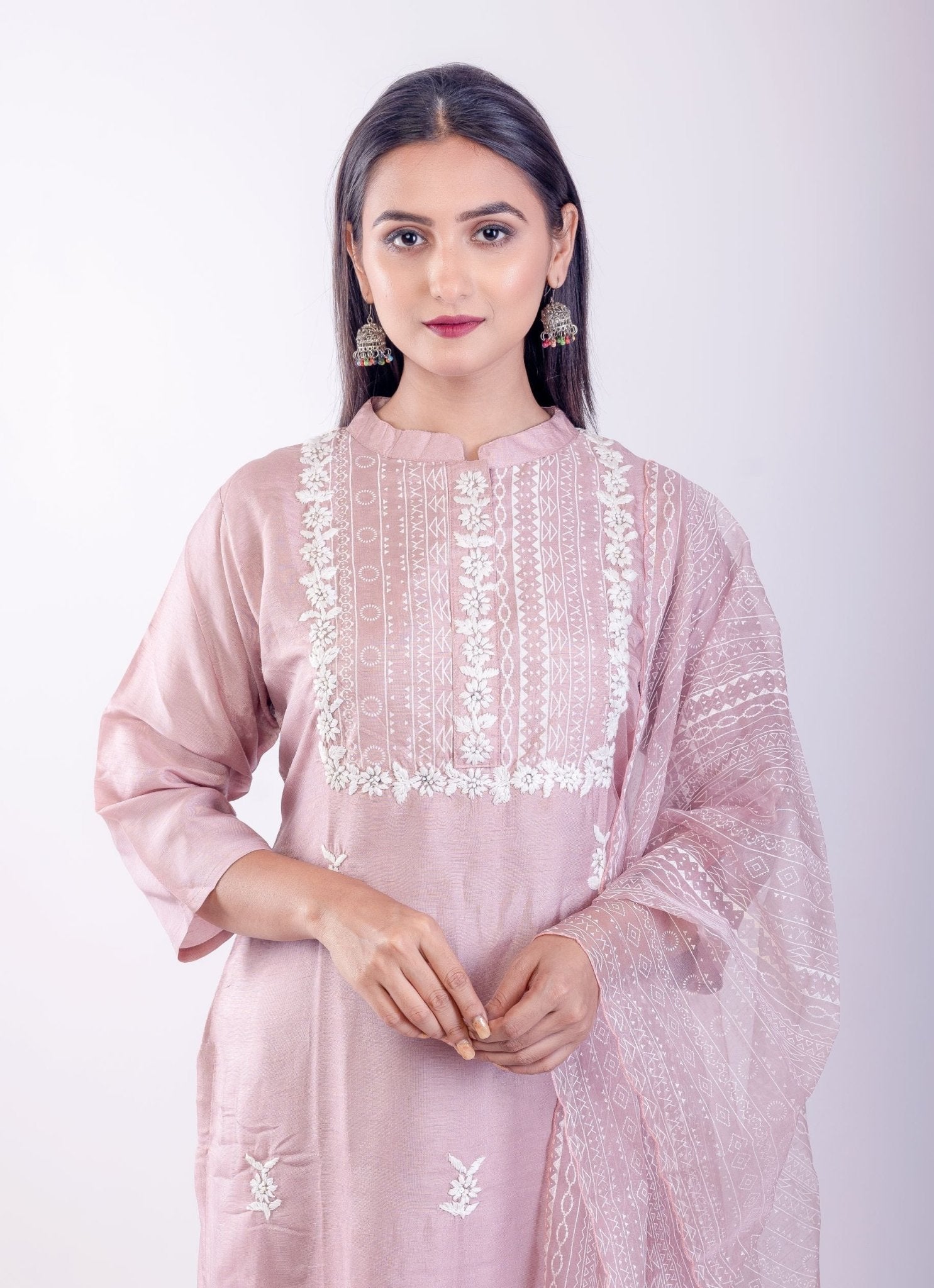 Pink Embroidered Regular Straight Kurta With Trousers & Dupatta - Anvi Couture