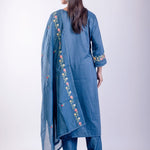 Steel Blue Silk Kurta Set with Thread Embroidery Work - Anvi Couture