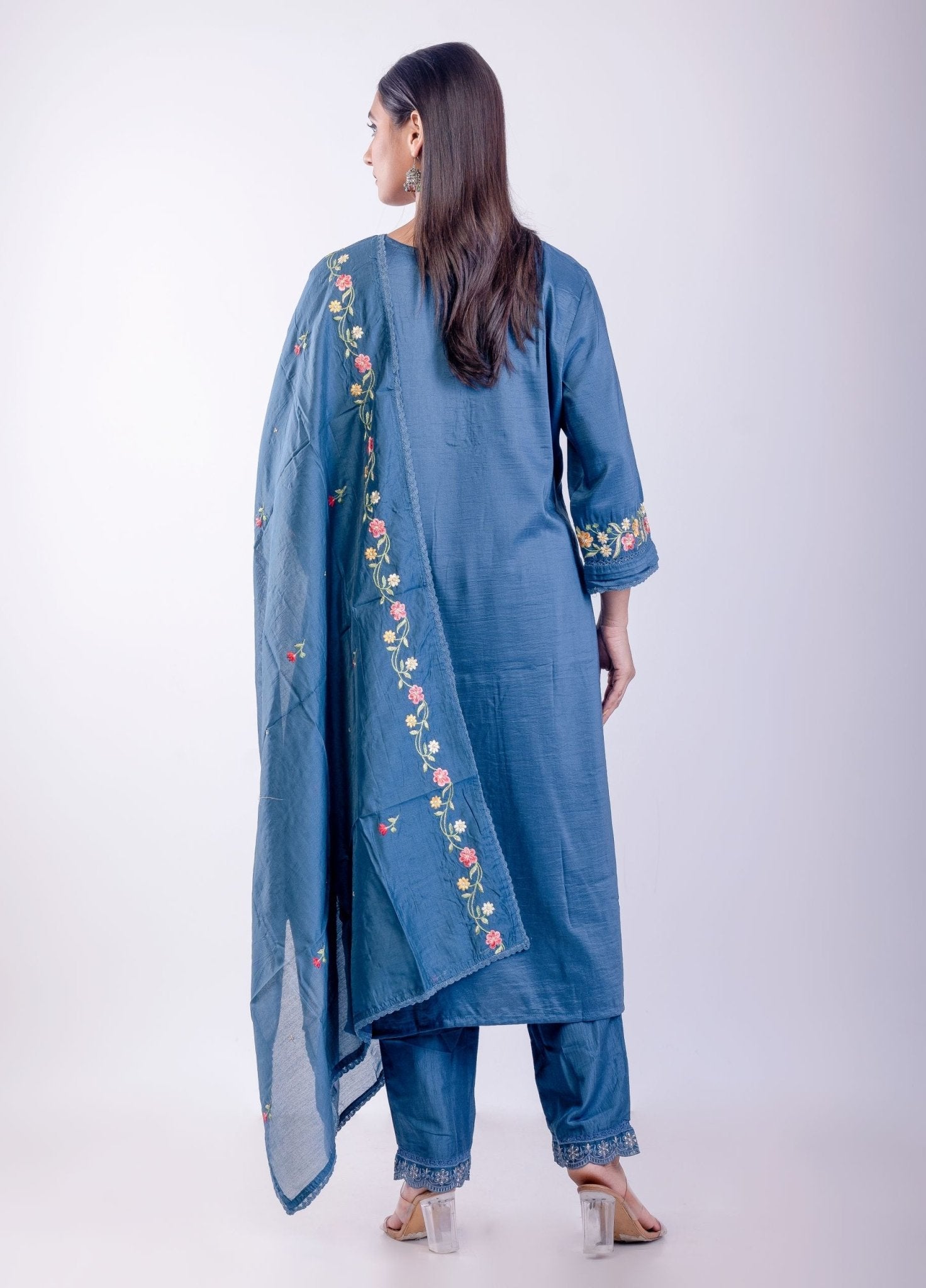 Steel Blue Silk Kurta Set with Thread Embroidery Work - Anvi Couture