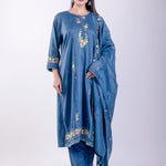 Steel Blue Silk Kurta Set with Thread Embroidery Work - Anvi Couture