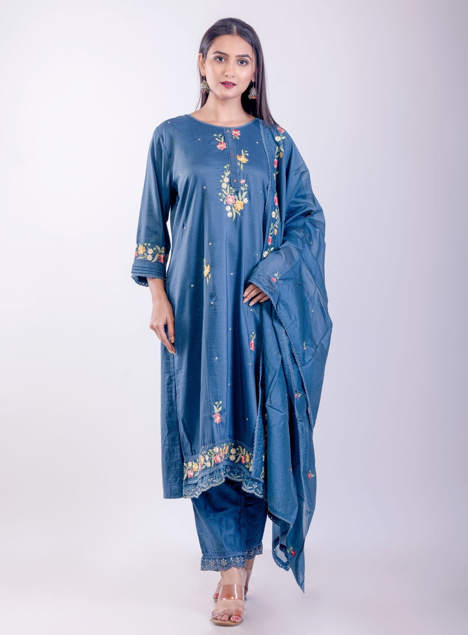 Steel Blue Silk Kurta Set with Thread Embroidery Work - Anvi Couture