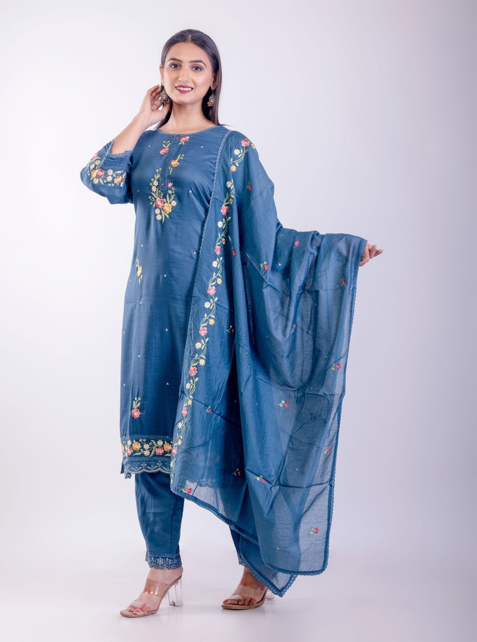 Steel Blue Silk Kurta Set with Thread Embroidery Work - Anvi Couture