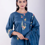 Steel Blue Silk Kurta Set with Thread Embroidery Work - Anvi Couture