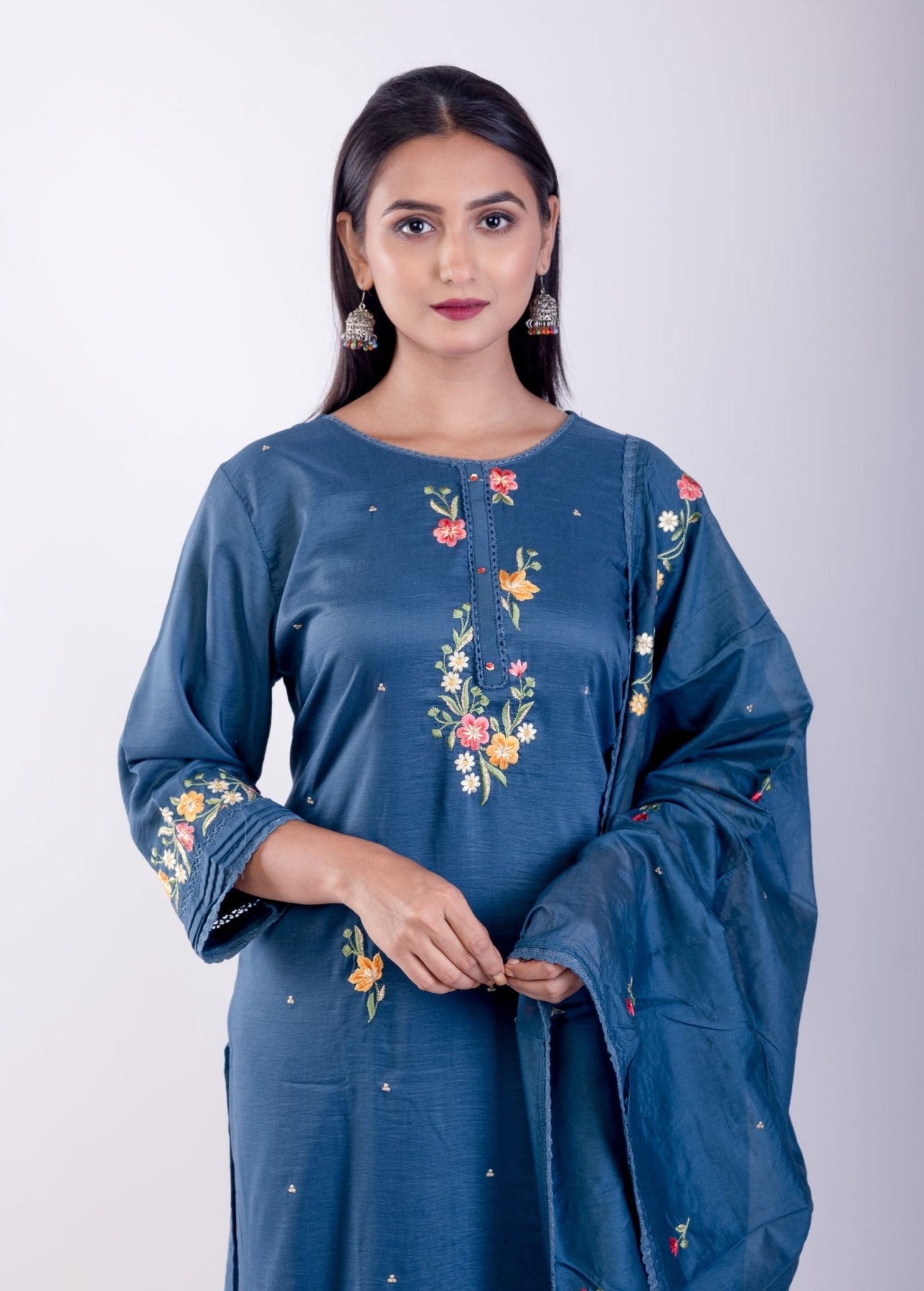 Steel Blue Silk Kurta Set with Thread Embroidery Work - Anvi Couture